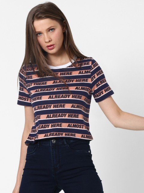 

ONLY Women Pink Striped Round Neck T-shirt