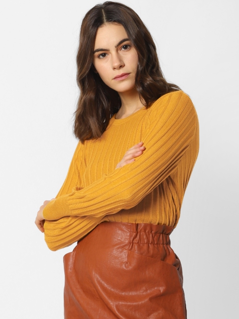

ONLY Women Mustard Yellow Self Design Sweater
