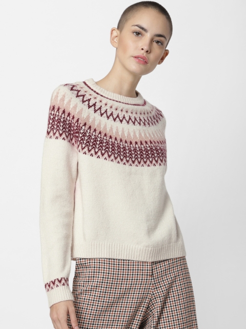 

ONLY Women Off-White & Burgundy Self Design Sweater