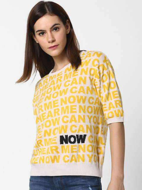 

ONLY Women Off-White & Yellow Self Design Sweater