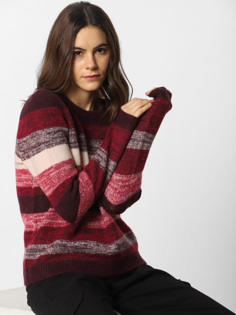 

ONLY Women Burgundy & Off-White Colourblocked Sweater