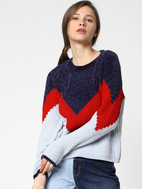 

ONLY Women Blue & Red Colourblocked Sweater