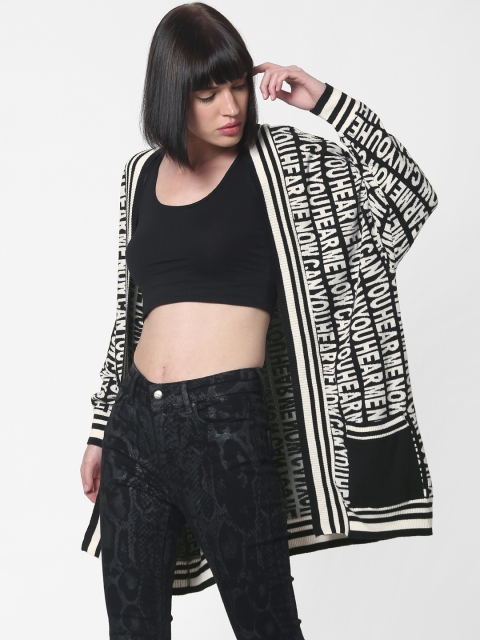 

ONLY Women White & Black Self Design Longline Sweater