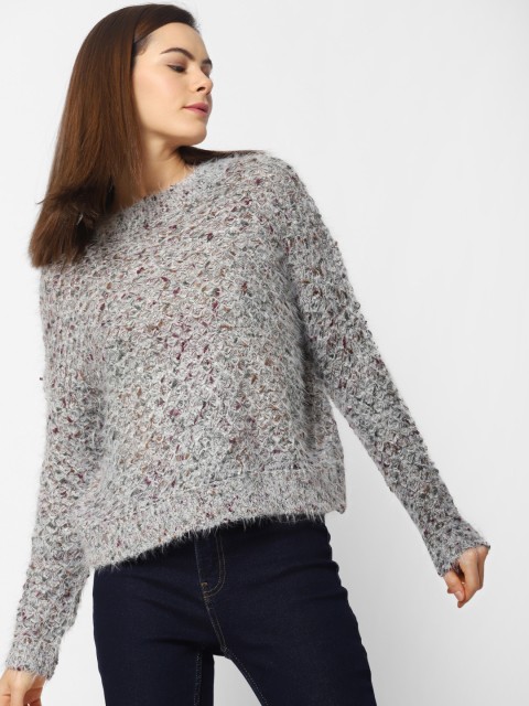 

ONLY Women Grey Self Design Open Knit Sweater