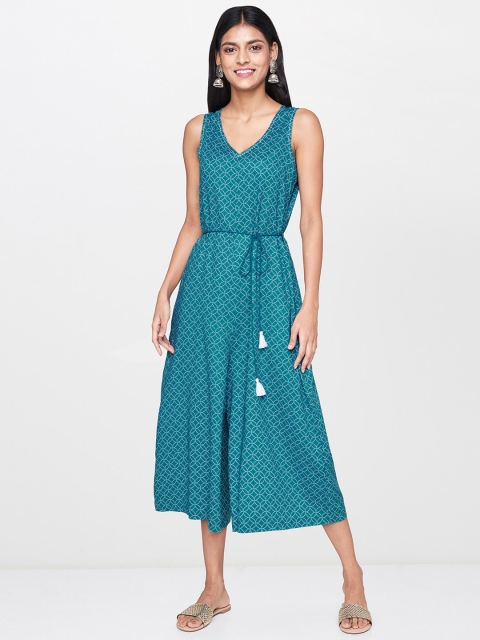 

Global Desi Women Teal Blue & White Printed Culotte Jumpsuit