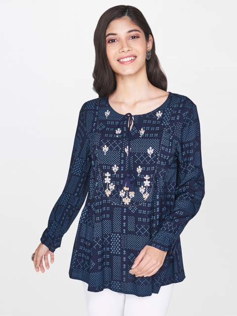 

Global Desi Women Navy Blue Printed Top