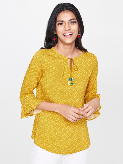 

Global Desi Women Mustard Yellow & White Printed Top
