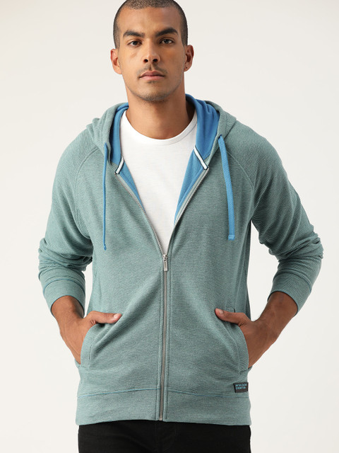 

United Colors of Benetton Men Green Striped Hooded Sweatshirt