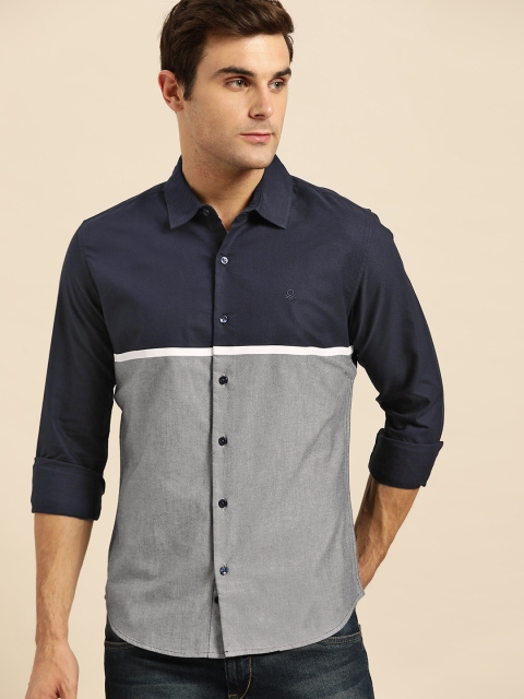

United Colors of Benetton Men Grey & Navy Blue Slim Fit Colourblocked Casual Shirt