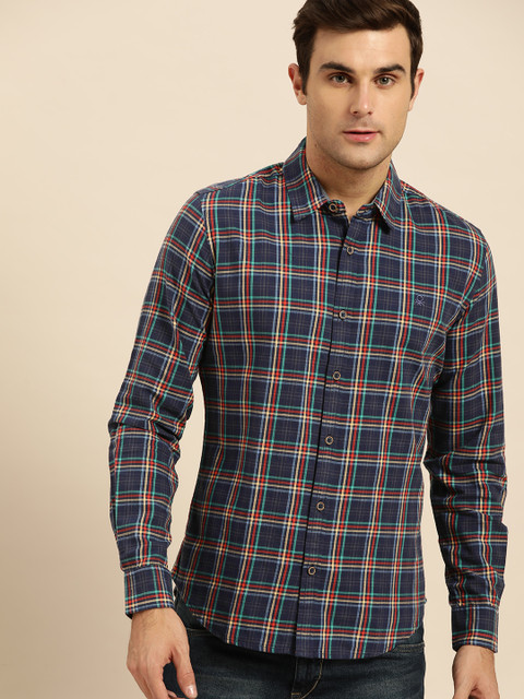 

United Colors of Benetton Men Navy Blue & Mustard Yellow Slim Fit Checked Casual Shirt