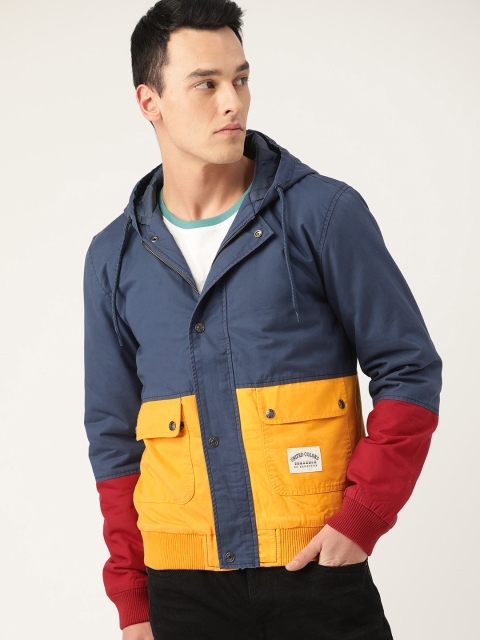 

United Colors of Benetton Men Navy Blue & Yellow Colourblocked Hooded Bomber Jacket