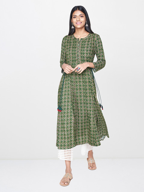 

Global Desi Women Green & Brown Printed A-Line Kurta