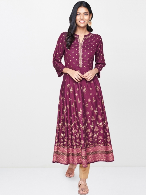 

Global Desi Women Burgundy & Gold-Toned Floral Printed A-Line Kurta