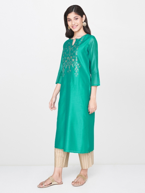 

Global Desi Women Green Floral & Birds Printed A-Line Kurta