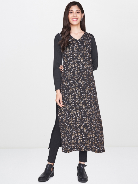 

Global Desi Women Black & Brown Floral Printed Straight Kurta