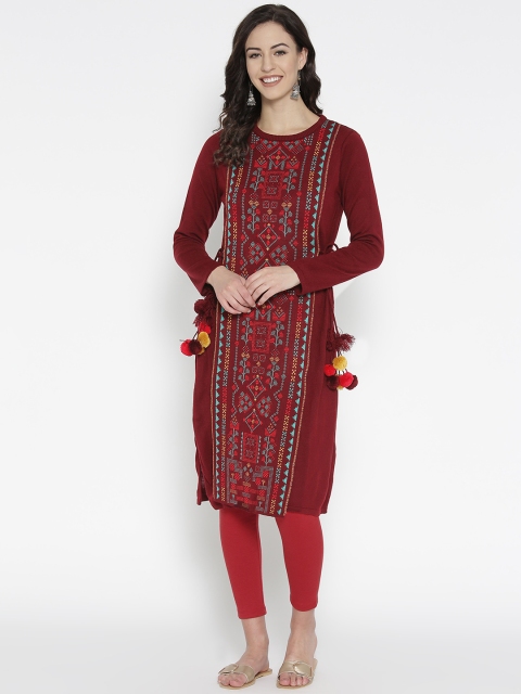 

Global Desi Women Maroon & Blue Handloom Woven Design Straight Kurta
