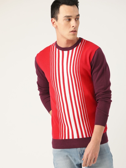 

United Colors of Benetton Men Red & Burgundy Striped Pullover Sweater