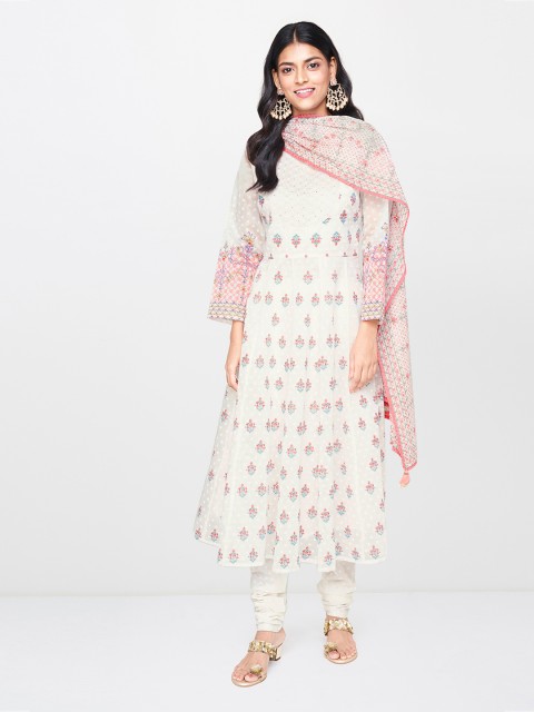 

Global Desi Women White & Red Printed Kurta with Churidar & Dupatta