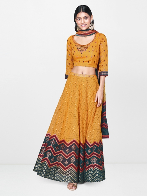 

Global Desi Women Mustard Yellow & Red Printed Top with Skirt & Dupatta