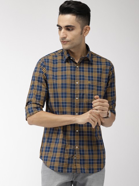 

Raymond Men Yellow & Navy Blue Slim Fit Checked Casual Shirt