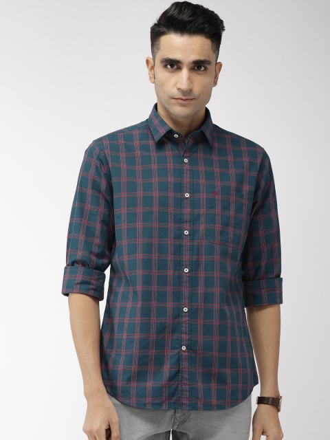 

Raymond Men Teal Blue & Red Slim Fit Checked Casual Shirt