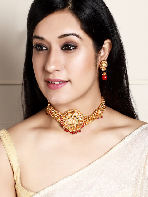 

Rubans Women Gold-Plated & Red Faux Ruby Studded Jewellery Set
