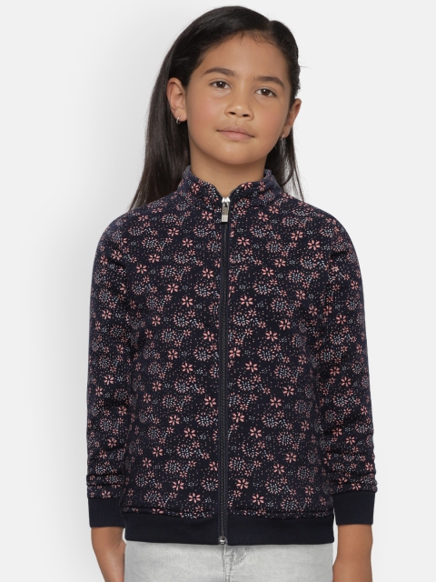 

Nins Moda Girls Navy Blue & Peach-Coloured Printed Front Open Sweatshirt
