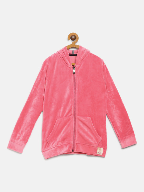 

Nins Moda Girls Pink Solid Hooded Front-Open Sweatshirt with Velvet Finish