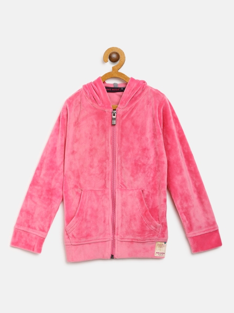 

Nins Moda Girls Pink Solid Hooded Front-Open Sweatshirt with Velvet Finish