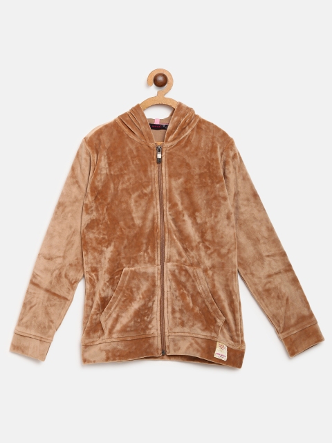 

Nins Moda Girls Brown Solid Hooded Front-Open Sweatshirt with Velvet Finish