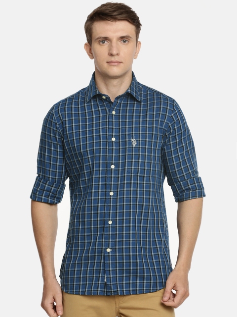 

U.S. Polo Assn. Men Teal Blue & Black Tailored Fit Checked Casual Shirt