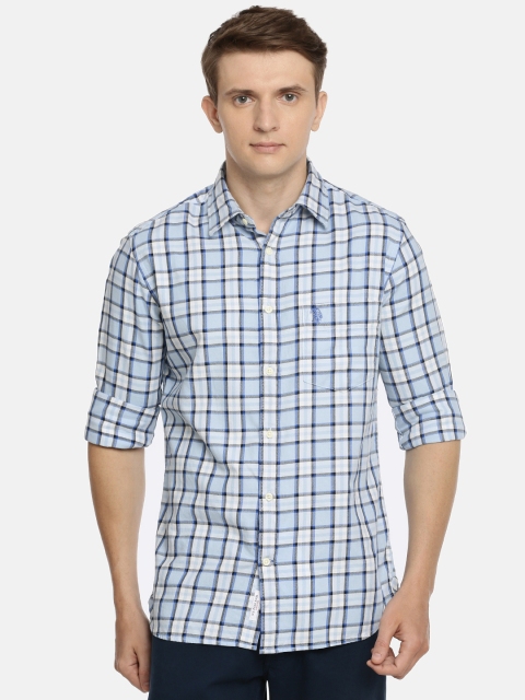 

U.S. Polo Assn. Men Blue & White Tailored Fit Checked Casual Shirt