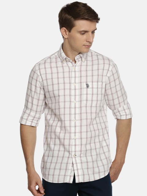 

U.S. Polo Assn. Men White & Red Tailored Fit Checked Casual Shirt