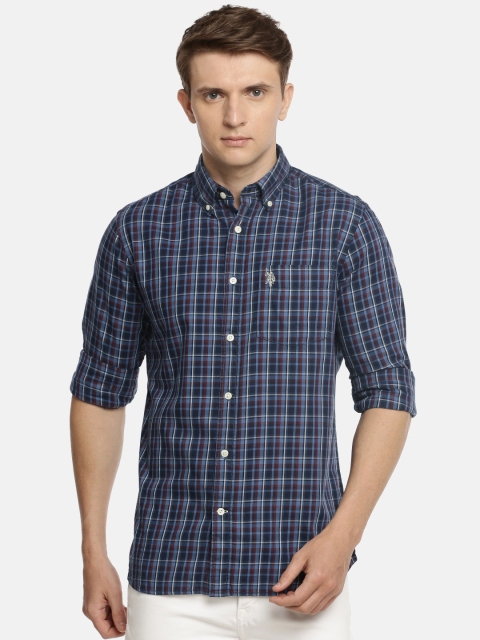 

U.S. Polo Assn. Men Navy Blue & Maroon Tailored Fit Checked Casual Shirt