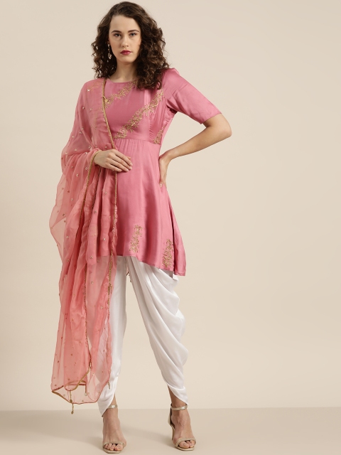 

Moda Rapido Women Pink & White Yoke Design Kurti with Dhoti Pants & Dupatta