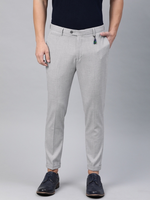 

Peter England Men Grey Carrot-Slim Fit Self Design Regular Trousers
