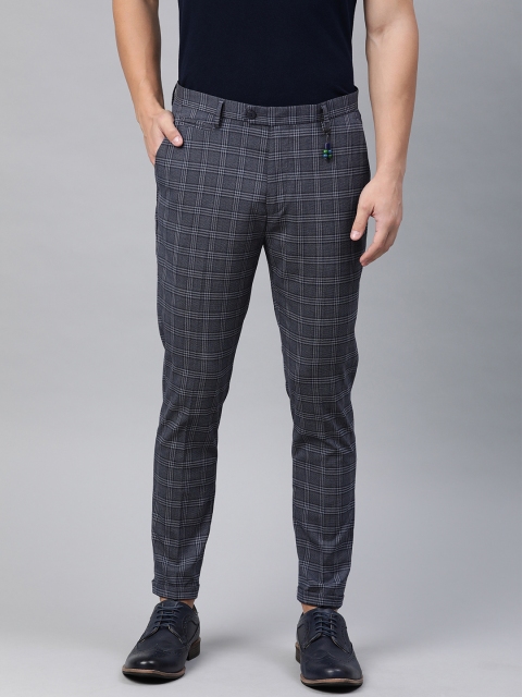 

Peter England Men Grey & Navy Blue Carrot Slim Fit Checked Regular Trousers