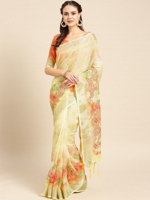 

Saree mall Yellow & Orange Printed Linen Saree