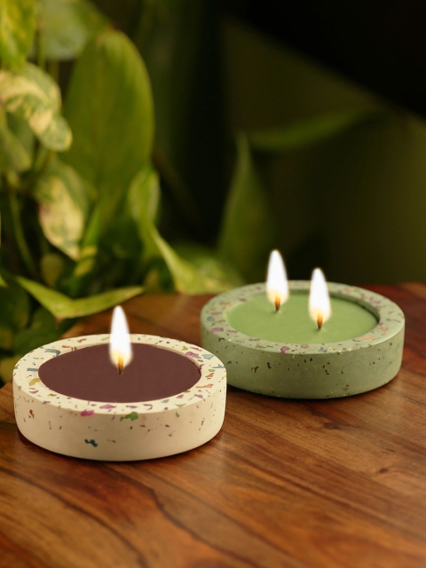 

ExclusiveLane Set of 2 Green & White Scented Soy Wax Candles In Neon Chips & Concrete Candle Holder