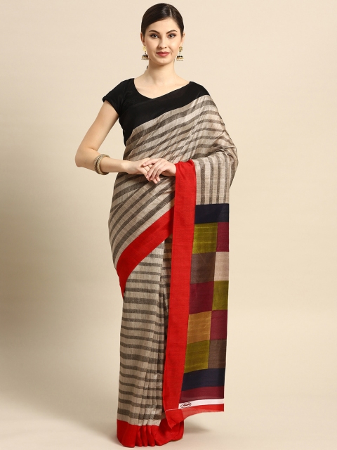 

Saree mall Beige & Grey Striped Bhagalpuri Saree