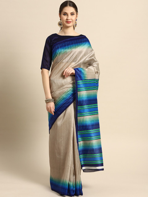 

Saree mall Beige & Blue Printed Bhagalpuri Saree
