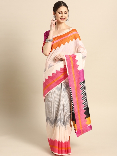 

Saree mall Cream-Coloured & Pink Printed Bhagalpuri Saree