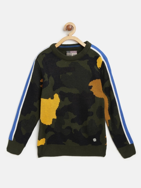 

Duke Boys Olive Green & Mustard Yellow Camouflage Self Design Sweater