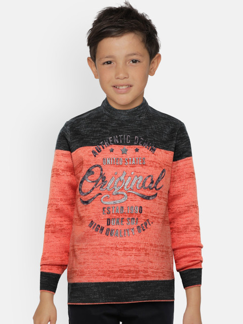 

Duke Boys Coral Orange & Charcoal Grey Colourblocked Sweater with Embossed Print Detail