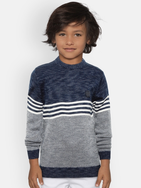 

Duke Boys Navy Blue & White Colourblocked Sweater with Striped Detail