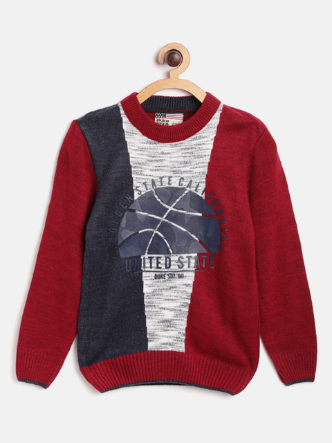 

Duke Boys Maroon & Navy Blue Colourblocked Sweater with Printed Detail