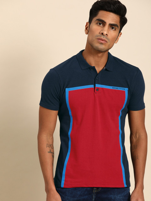 

United Colors of Benetton Men Navy Blue & Red Colourblocked Polo Collar T-shirt