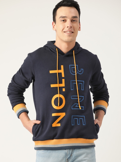 

United Colors of Benetton Men Navy Blue & Yellow Printed Hooded Sweatshirt