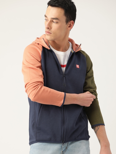 

United Colors of Benetton Men Navy Blue & Dusty Pink Solid Hooded Sweatshirt