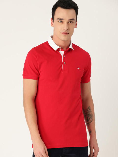 

United Colors of Benetton Men Red Printed Back Polo Collar T-shirt
